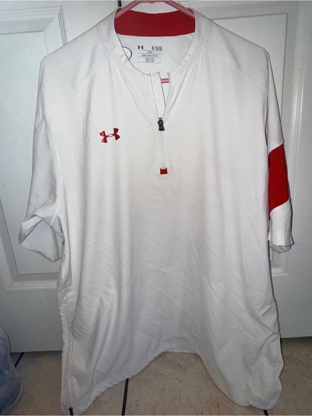 Under Armour Men’s White Short-Sleeve Quarter-Zip Polo with Red Accents